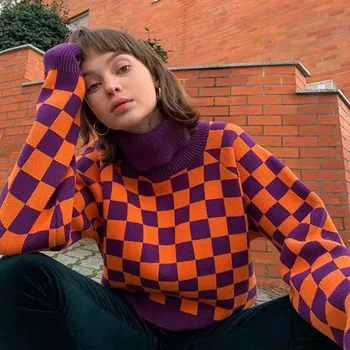 Vintage Kontrasta Krāsu Šaha Pleds augstu uzrullētu apkakli Džemperis Sievietēm Rudens Ziemas Adīti Džemperi un Puloveri golfa sweter
