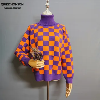 Vintage Kontrasta Krāsu Šaha Pleds augstu uzrullētu apkakli Džemperis Sievietēm Rudens Ziemas Adīti Džemperi un Puloveri golfa sweter