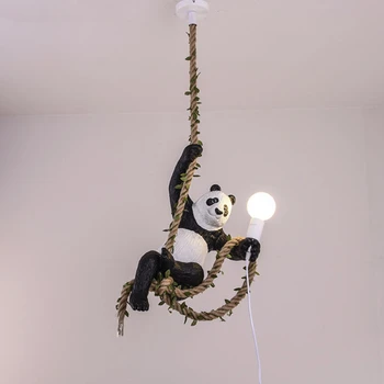 Vintage Sveķu Panda Lustras apgaismojums Ziemeļvalstu Kaņepāju Virvi Panda Lustra Zoo Dekoratīvie Gaismas Ķermeņi, Bārs Rūpniecības Lampas