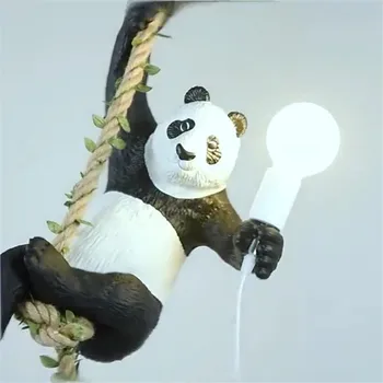Vintage Sveķu Panda Lustras apgaismojums Ziemeļvalstu Kaņepāju Virvi Panda Lustra Zoo Dekoratīvie Gaismas Ķermeņi, Bārs Rūpniecības Lampas
