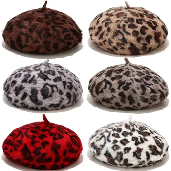 Vintage Vilnas Mīkstās Ziemas Siltā Beanie Sieviešu Izplūdušas Trušu Matu Leopard Beretes Silts, Mājīgs Dzīvnieku Iespiesti Trušu Matu Adītas Cepures