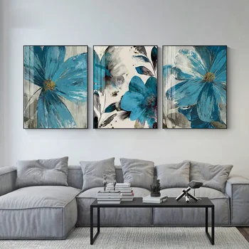 Vintage Zilas Krāsas Ziediem Audekla Gleznu Abstraktu, Plakātu, Ziedošā Dzīve Botāniskais Drukāt Sienas Art Attēlu Dzīves Telpu Dekorēšana