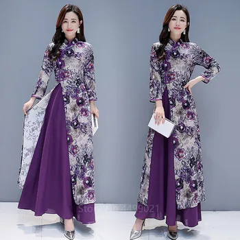 Vjetnama Ao Dai Kleita Sievietēm Ķīniešu Tradīcijām, Cheongsam Qipao Plus Lieluma Purpura Ziedu Drukāt Slim Stila Eleganta Kāzu Kleita