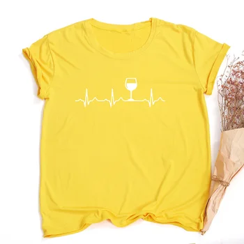 Vīna Sirdsdarbība Vīna Dzērājs T Krekls Sievietēm Gadījuma Audums O-Veida Kakla Sieviešu T Krekls Dāma Yong Meitene Top Tee Bārs