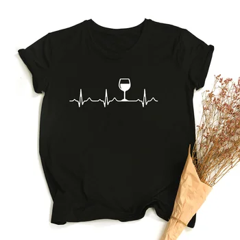 Vīna Sirdsdarbība Vīna Dzērājs T Krekls Sievietēm Gadījuma Audums O-Veida Kakla Sieviešu T Krekls Dāma Yong Meitene Top Tee Bārs