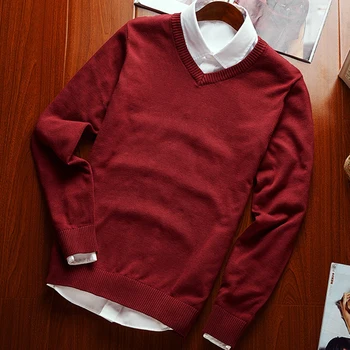 Vīriešu Džemperis vienkrāsainu V Kakla Spandex garām Piedurknēm Plānais Džemperis Plus Lieluma Trikotāžas Džemperis Street wear pull homme ir 2021.