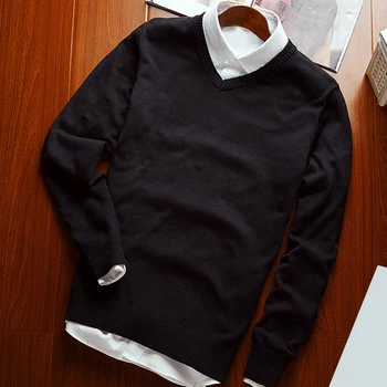 Vīriešu Džemperis vienkrāsainu V Kakla Spandex garām Piedurknēm Plānais Džemperis Plus Lieluma Trikotāžas Džemperis Street wear pull homme ir 2021.