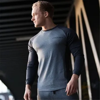 Vīriešu garām piedurknēm sporta saspringts T-krekls Vīriešu kārtas kaklu, elpojošs stiept garām piedurknēm T-krekls fitnesa nodarbība ar garām piedurknēm T-krekls