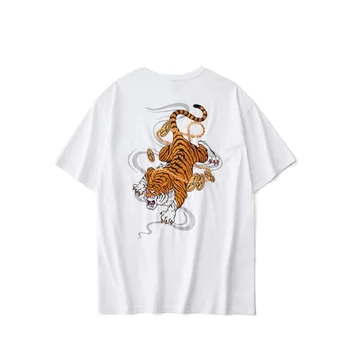 Vīriešu guochao Jūra Izšuvumi Tiger Ķīnas Tendence Zīmolu T-krekls Ielu Modes Tendence Zaudēt Kokvilnas T-krekls Gadījuma Augšu