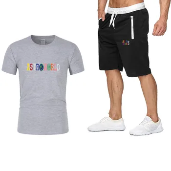 Vīriešu ikdienas augstas kvalitātes T-krekls, sporta bikses, uzvalks + vīriešu darbojas fitnesa īss piedurknēm krekls sporta vīriešu T-krekls 2 komplekti