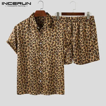 Vīriešu Modes Leopards Izdrukāt Komplekti INCERUN Īsās Piedurknes Atloks, Krekls Elastīgās Bikses 2 Gabali Vasaras Pludmales Vīriešu Uzvalki Stteetwear 5XL