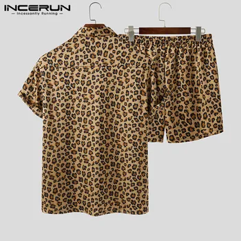 Vīriešu Modes Leopards Izdrukāt Komplekti INCERUN Īsās Piedurknes Atloks, Krekls Elastīgās Bikses 2 Gabali Vasaras Pludmales Vīriešu Uzvalki Stteetwear 5XL