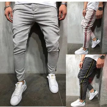 Vīriešu Streetwear Chinos Pleds Gadījuma Bikses Fitnesa Vīriešiem Skiny Apakšā Jogger Bikses, Treniņbikses Modes Bikses Svītru Dziesmu Bikses