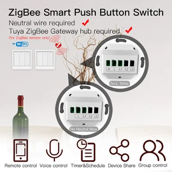 WiFi ZigBee Smart Push Slēdzis, kas Nav Neitrāla, Nepieciešams Smart Dzīves Tuya APP Alexa, Google Home Balss Kontroles 2/3 Veids, kā ES UK