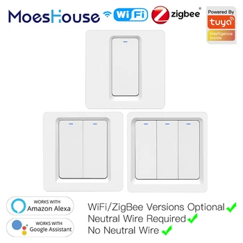 WiFi ZigBee Smart Push Slēdzis, kas Nav Neitrāla, Nepieciešams Smart Dzīves Tuya APP Alexa, Google Home Balss Kontroles 2/3 Veids, kā ES UK