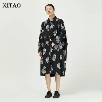 XITAO Plus Size Print Modelis Kleitu Modes Jaunajā 2020. gada Pavasara Viena Krūts Vintage Hit Krāsu Nelegālo Gadījuma Zaudēt Kleitu XJ3811