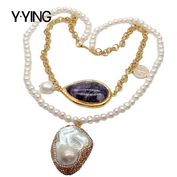 Y·YING 2 Kārtas Saldūdens Pērļu Ķēdes paziņojumu Kaklarota Balto Keshi Pērle Violeta Charoite Kulons, kaklarota sievietēm