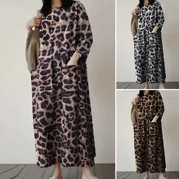 ZANZEA ir 2021. Sieviešu Leopard Sundress Sexy Rudens Maxi Kleita ar garām Piedurknēm Vestidos Sieviešu Ikdienas Iespiesti Drēbes Femme Plus Lieluma