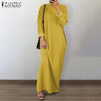 ZANZEA Sieviešu Vintage garām Piedurknēm Cietā Maxi Gara Kleita Gadījuma Kaftan Vestido Drēbes, Dubaija Abaya Turcija Hijab Sundress Musulmaņu Kleita