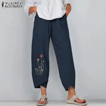ZANZEA Sieviešu Vintage Harēma Bikses Rudens Bikses Ziedu Izšuvumu Pantalon Gadījuma Zaudēt Rāceņu Kokvilnas Veļu, Palazzo Streetwear