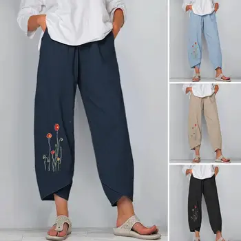 ZANZEA Sieviešu Vintage Harēma Bikses Rudens Bikses Ziedu Izšuvumu Pantalon Gadījuma Zaudēt Rāceņu Kokvilnas Veļu, Palazzo Streetwear