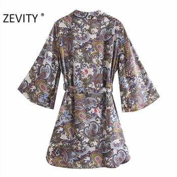 ZEVITY Sieviešu Vintage Indijas Ziedu Drukāt Vērtnes Shirtdress Dāmas Paisley Kimono Vestidos Šiks Puse Sadalīta Gadījuma Kleitas DS4518