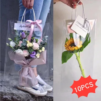 Ziedu caurspīdīgu roku kabatā mazu pušķi dāvanu maisu Ziemeļvalstīm vienkārši tote soma vienu rožu iepakojuma soma