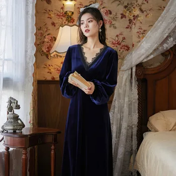 Ziemas garām piedurknēm Samta Nightgowns V-veida Kakla Mežģīnes Sexy Naktsveļu Vintage Nakts Kleita Sievietēm Sleepwear Mājas Drēbes Miega Topi