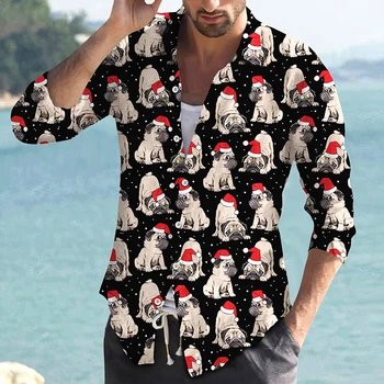 Ziemassvētku Sarkanā Plade Dzīvniekiem Gudrs Suns, Kucēns Vīriešu garām Piedurknēm Pasūtījuma Dizains Ikdienas Krekls