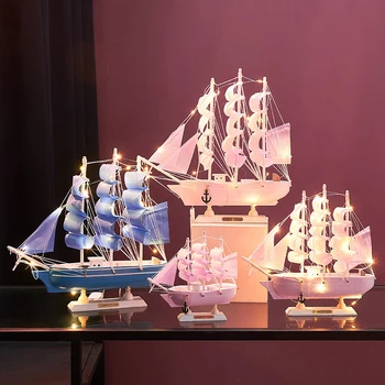 Ziemeļvalstu Apgaismotas Koka Buru Laivu Mājas Apdare Talismans Kuģa Modelis Figūriņas Biroja Galda Dekors Dzimšanas Dienas Dāvanas Aksesuāri