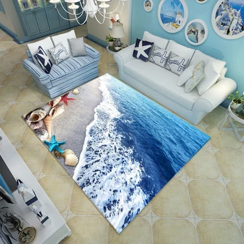 Zilā Jūras Pludmalē Vidusjūras Stila 3D Paklāju viesistabā Kafijas Galda, Dīvāna, Gultas, Guļamistabas Grīdas Paklājs Pasūtījuma Mazgājams Beach Čaulas