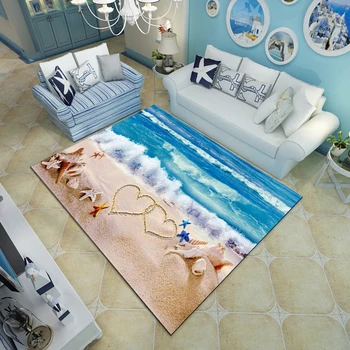 Zilā Jūras Pludmalē Vidusjūras Stila 3D Paklāju viesistabā Kafijas Galda, Dīvāna, Gultas, Guļamistabas Grīdas Paklājs Pasūtījuma Mazgājams Beach Čaulas