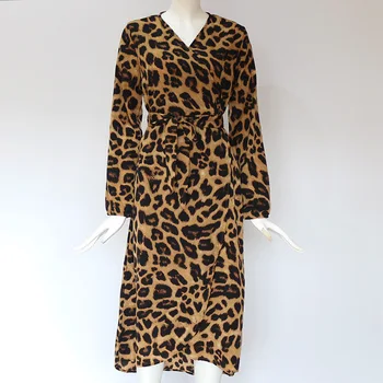 ZOGGA Sieviešu Kleita Leopards Drukāt Sexy V Apkakli, garām Piedurknēm, Augsta Vidukļa Kleita Gadījuma Maxi Vintage Nelegālo Puse Kleitas