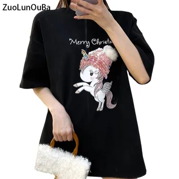ZuoLunOuBa Vasaras Vidū-Garums-Viens Izmērs, Sieviešu T Krekls Dimanta Harajuku Vizuļi Rozā Mazo Pegasus Tees Modes Sieviešu Melns Tops