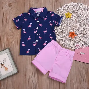 Zēni modes kungu apģērbu komplekti drukāt flamingo īsām piedurknēm top + bikses 2 gab drēbes, vasaras puse, uzvalki bērniem