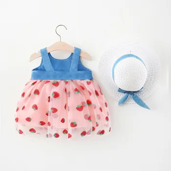 Zīdaiņiem Jaundzimušo Grils Apģērbu Kid Baby Meitenes Ziedu Kleita Bez Piedurknēm Ar Salmu Cepure Ikdienas Brīvs Stils Vasaras Apģērbs