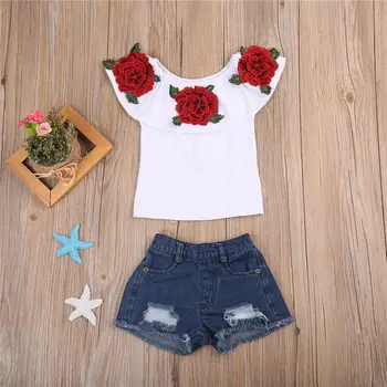 Zīdaiņu Bērnu Bērni Meiteņu Drēbes, Uzstādīt Apģērba Kakla Savirmot 3D Ziedu Topi Džinsa Krekls Karstā Bikses Meitenei Vasaras Kostīms Tērpiem 2gab