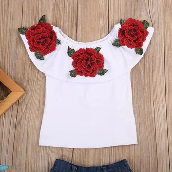 Zīdaiņu Bērnu Bērni Meiteņu Drēbes, Uzstādīt Apģērba Kakla Savirmot 3D Ziedu Topi Džinsa Krekls Karstā Bikses Meitenei Vasaras Kostīms Tērpiem 2gab