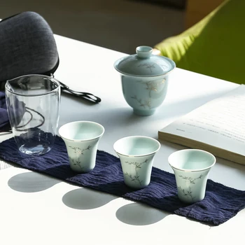 Ārā Portatīvo Ceļojumu Tējkanna, kas Ar 3 Mini Tases 1 gaiwan Porcelana Japāņu Tējas Komplekts Gaiwan Ceremonija Uzstādīt Sadzīves vīna komplekts