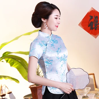 Ķīnas Sieviešu Blūze Mandarīnu Apkakles Vintage Krekls Jaunums Skatuves Sniegumu Apģērbu Zilā Ziedu Tang Top Plus Izmērs 3XL 4XL