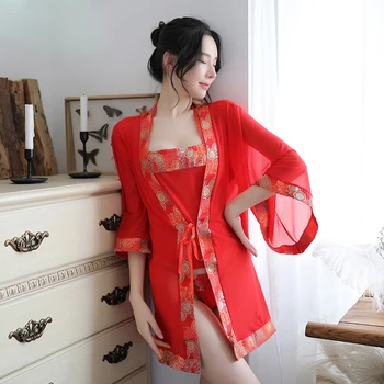 Ķīniešu stila seksīgi izšuvumi sleepwear uzstādīt Līgavas garajos svārkos Kimono cilpu Priekšauts Sieviešu Apakšveļa Viedokļa Naktskrekls 3Pce Komplekts