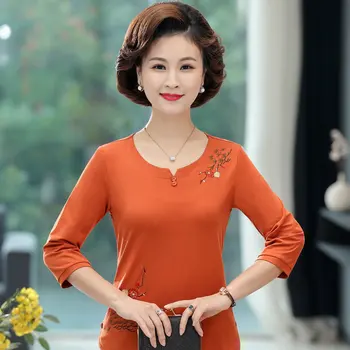 Ķīniešu Stilā Nobriedušu Sieviešu Izšūt Kokvilnas Blūze 2021. Gada Pavasarī Oranža Sarkana Trīs Quater Piedurknēm Apaļā Apkakle Stitchwork Top Mamma