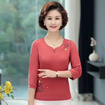 Ķīniešu Stilā Nobriedušu Sieviešu Izšūt Kokvilnas Blūze 2021. Gada Pavasarī Oranža Sarkana Trīs Quater Piedurknēm Apaļā Apkakle Stitchwork Top Mamma