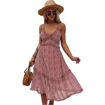 Šifona Ruffles Beach boho vintage kleita bez Piedurknēm sievietēm, V-veida kakla Sexy iespiesti midi Puse kleita sievietēm vestidos Vasaras kleita