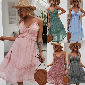 Šifona Ruffles Beach boho vintage kleita bez Piedurknēm sievietēm, V-veida kakla Sexy iespiesti midi Puse kleita sievietēm vestidos Vasaras kleita