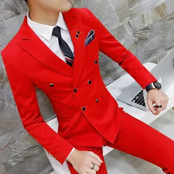 Žakete + Elsas / 2020 Royal Vīriešu Uzvalku Līgavainim Uzvalku Slim Fit 2-Pack Modes divrindu Tīru Krāsu Klasiskās Vīriešu Uzvalku Hommes
